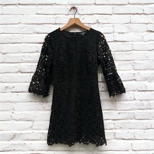 🆕 Lulu’s Love on the Mind Black Crochet Lace Flounce Sleeve Mini Dress